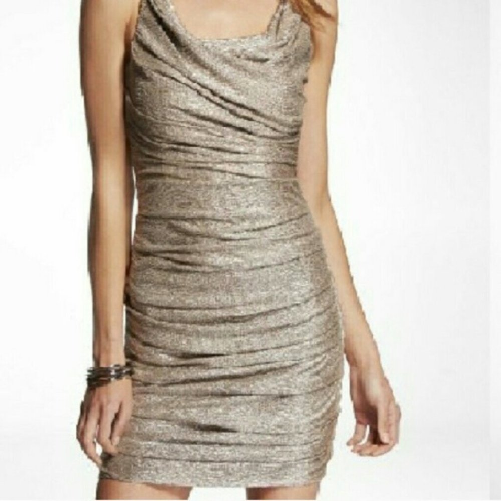 Express Metallic Gold Ruched Dress